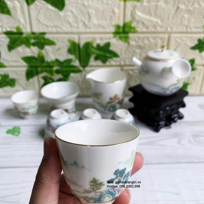 Bộ Ấm Chén Sơn Thủy Tay Tẩu Viền Vàng